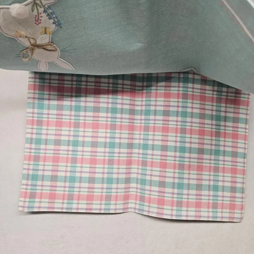 Vintage Easter Bunny Embroidered Placemats Set Mint Green Plaid Checked 2pc